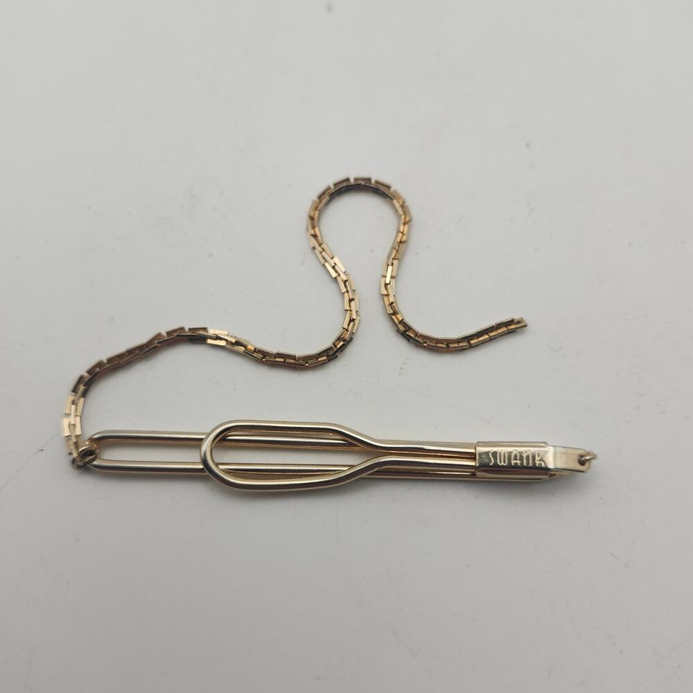 Vintage Swank Tie Bar Clip w Safety Chain Gold Tone Mid Century Mens Accessory